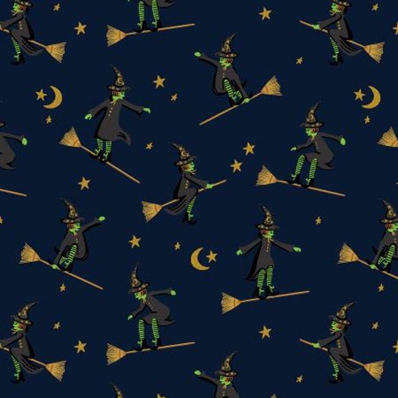 Halloween - Wicked Witches Navy Metallic Fabric Cotton and Steel Sold by the yard