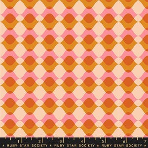 May include: A repeating pattern of overlapping, wavy shapes in shades of pink, peach, and orange. The design is reminiscent of a retro style. The bottom of the image has the text "RUBY STAR SOCIETY".