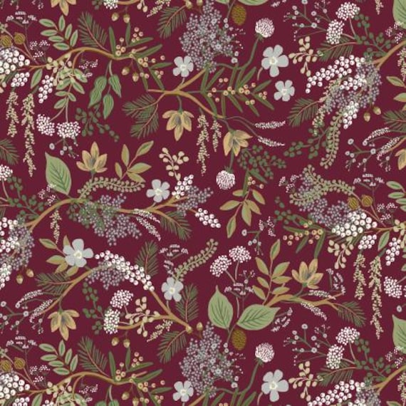 English Rose - Juniper Forest - Burgundy Fabric, RP1402-BU3, Rifle Paper Co, Cotton + Steel, sold by the 1/2 yard or the yard