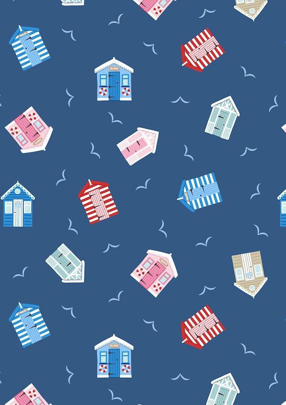 Lewis & Irene, Small Things Coastal- Beach Hut, on Blue, Quilting Cotton, sold by the 1/2 yard or the yard