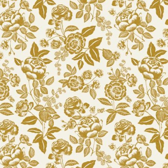 English Rose - Cream And Gold Metallic Fabric, RP1401-CG3M , Rifle Paper Co, Cotton + Steel, sold by the 1/2 yard or the yard