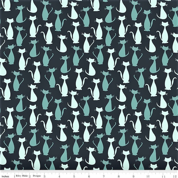 SPOOKY HOLLOW - Teal Cats Silver Sparkle, Melissa Mortenson, Riley Blake Designs; Halloween, cotton quilting- by the 1/2 yard or the yard