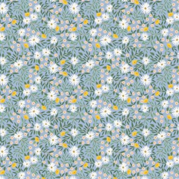 Bramble, Daisy Fields, Blue Metallic Fabric, RP905-BL2M, Rifle Paper Co, Cotton + Steel, RJR, Sold by the 1/2 yard or the yard