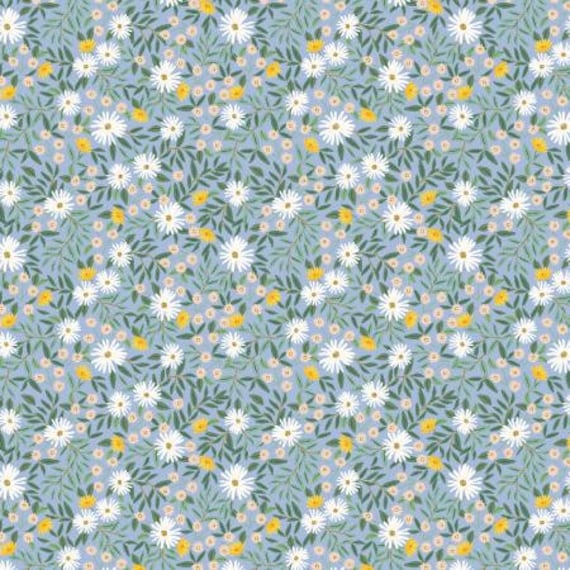 Bramble, Daisy Fields, Blue Metallic Fabric, RP905-BL2M, Rifle Paper Co, Cotton + Steel, RJR, Sold by the 1/2 yard or the yard