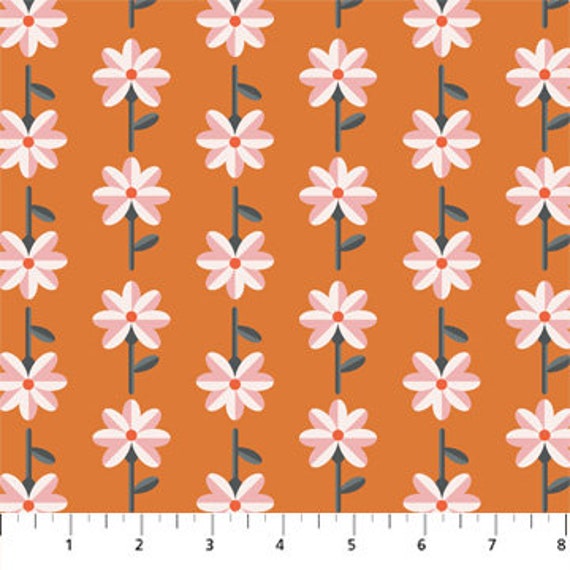 Floral in Orange, Pickle Juice, by Dana Willard, for Figo Fabrics, sold by the 1/2 yard or the yard