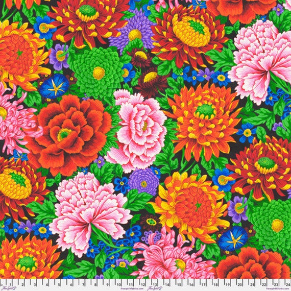 Temple Garden, Peony and Chrysanthemum, in Multi colors, By Snow Leopard Designs, For FreeSpirit Fabrics, sold by the 1/2 yard or the yard