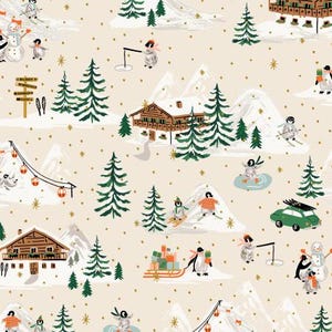 May include: A whimsical winter-themed pattern featuring penguins skiing, snowboarding, and enjoying the snow. The design includes ski chalets, evergreen trees, mountains, and a car carrying skis, all set against a cream background with gold accents.