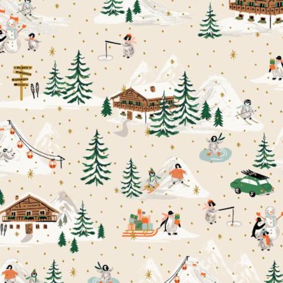 Holiday Classics IV, Penguin Village, Cream And Gold Metallic, RP622-CM2M, Rifle Paper Co, Cotton+Steel, sold by the yard