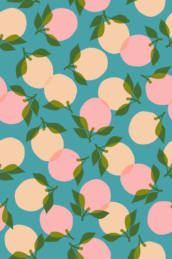 Juicy, Tumbling Peaches, in Dark Turquoise, By Melody Miller, Ruby Star Society, sold by the 1/2 yard or the yard