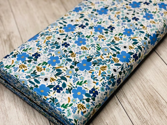 Garden Party -Wild Rose - Blue Metallic Fabric-  RP303-BL6M- Cotton-Rifle Paper Co-Cotton and Steel/RJR- Sold by the 1/2 yard or the yard