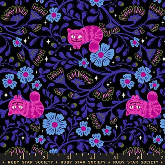 Hello Alice, Cheshire Novelty, in Black, RS2123 14, Ruby Star, sold by the yard