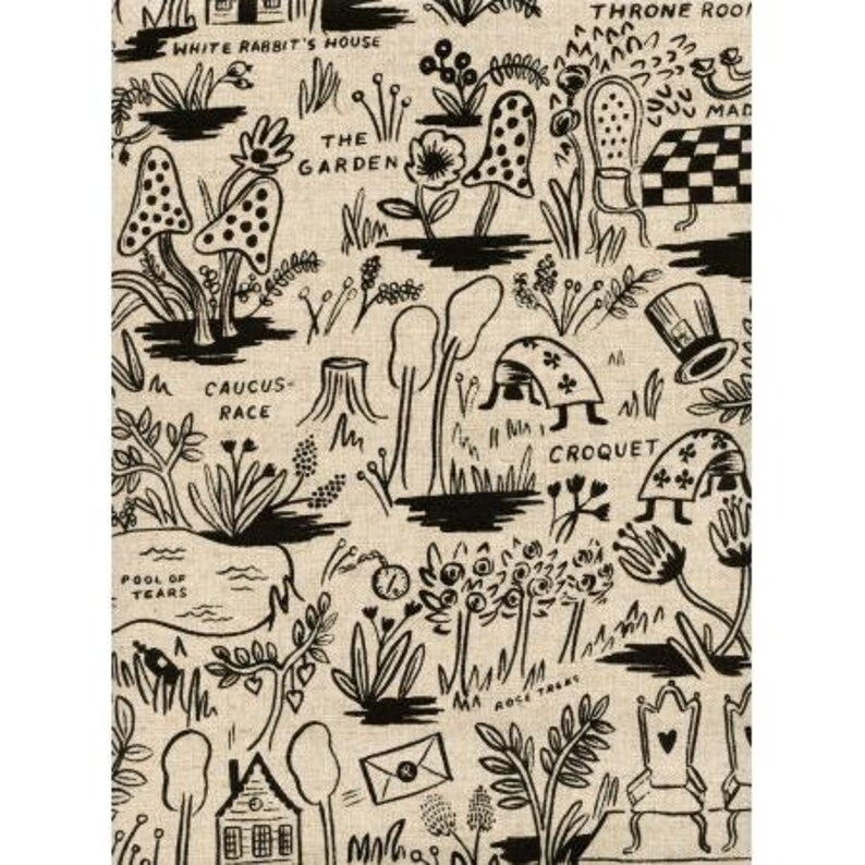 May include: Black and white illustration of a whimsical scene from Alice in Wonderland. The illustration features a variety of characters and objects, including the White Rabbit's house, the Mad Hatter's tea party, the Queen of Hearts' croquet game, and the Pool of Tears. The illustration is set against a beige background.