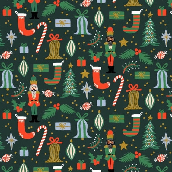 Holiday Classics, Deck the Halls, Evergreen Metallic Fabric, Rifle Paper Co,  Cotton+Steel, sold by the 1/2 yard or the yard