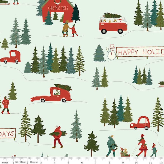 Christmas Is in Town Main in Mist, By Sandy Gervais, Riley Blake Designs, sold by the 1/2 yard or the yard