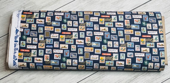 Bon Voyage, Postage Stamps, Navy Metallic Fabric, RP802-NA2M, By Rifle Paper Co, For Cotton + Steel, Sold by the 1/2 yard or the yard
