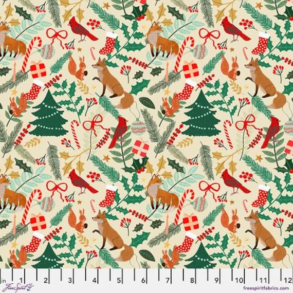 Christmas Spirit, Forest Evening, in Cream, By Mia Charro, FreeSpirit, sold by the 1/2 yard or the yard