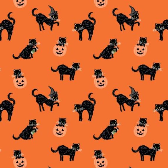 Halloween,  Black Cat, Orange Metallic Fabric, RP1302-OR1M, Rifle Paper Co, Cotton+Steel, sold by the 1/2 yard or the yard