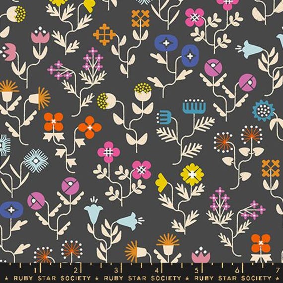 Salutations, Forget Me Not Florals Modern Flowers, in soft black, By Rashida Coleman Hale, RS1092 17, Ruby Star Society, sold by the yard