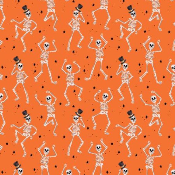 Halloween, Skeletons, Orange Fabric, RP1301-OR2, Rifle Paper Co, Cotton+Steel, sold by the 1/2 yard or the yard