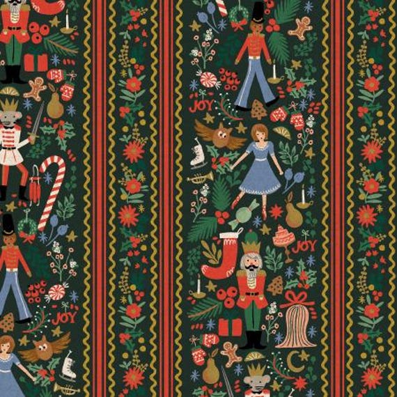 Holiday Classics IV, Holly Jolly Nutcracker, Evergreen/ Metallic Gold Canvas, RP620-EM4CM, Rifle Paper Co, Cotton+Steel, sold by the yard