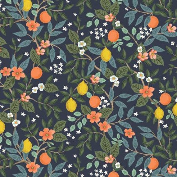 Bramble, Citrus Grove, Navy Fabric, By Rifle Paper Co, RP900-NA3, Cotton + Steel, RJR, sold by the 1/2 yard or the yard