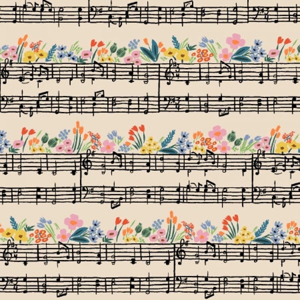 Bramble, Music Notes, Natural Canvas Fabric, RP903-NA2C, Rifle Paper Co, Cotton + Steel, Sold by the 1/2 yard or the yard
