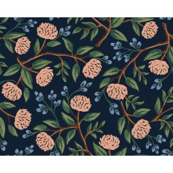 CANVAS Wildwood Peonies Navy Blue on CANVAS by Rifle Paper Co. for Cotton and Steel, sold by the 1/2 yard or the yard