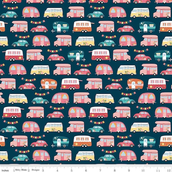 Gone Glamping, Campers, in Midnight, By Lori Whitlock, C14792-MIDNIGHT, Riley Blake Designs, sold by the 1/2 yard or the yard