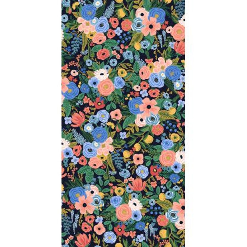 May include: A dark blue fabric with a floral pattern featuring pink, blue, and yellow flowers. The fabric is covered in a variety of flowers and leaves.