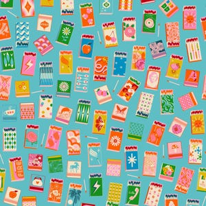May include: A pattern of colorful matchboxes with various designs, including flowers, fruits, and geometric shapes, against a teal background. The matchboxes are in shades of pink, orange, yellow, and green, with white matchsticks scattered throughout.