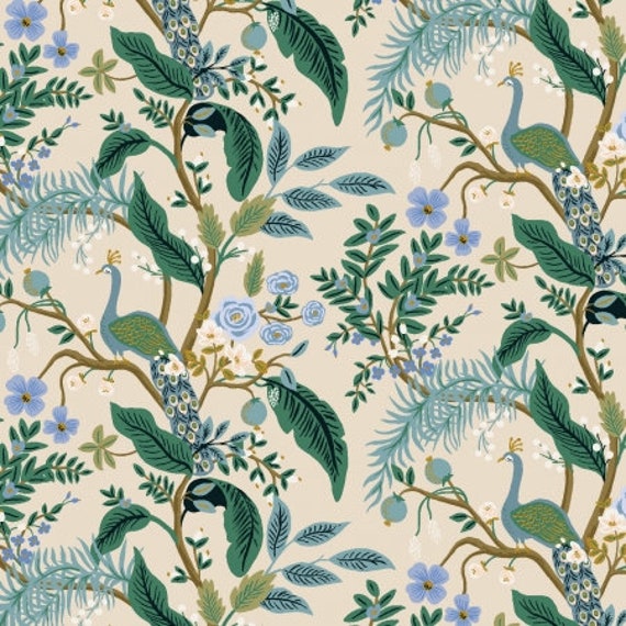 Vintage Garden, Peacock, Cream Metallic Fabric, RP1000-CR2M, Rifle Paper Co, Cotton & Steel, sold by the 1/2 yard or the yard