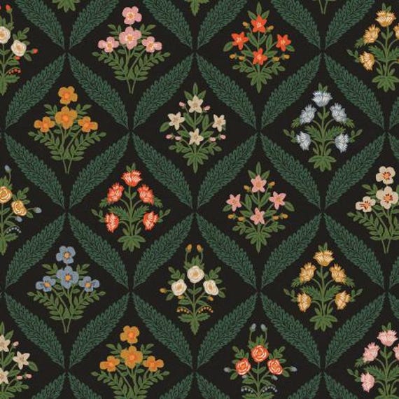 Dahlia, Estee Garden, Black Multi Canvas Fabric, RP1602-AC3C Rifle Paper Co, Cotton+Steel, sold by the yard