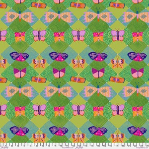 May include: A green fabric with a repeating pattern of colorful butterflies. The butterflies are in a diamond pattern and have different colors and designs.