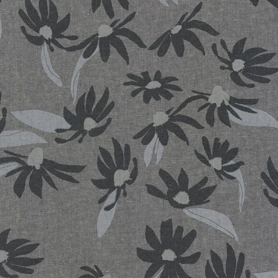 Around The Bend, Graphite,Flowers, Noodlehead, by Anna Graham, for Robert Kaufman. Printed Essex Linen, sold by the 1/2 yard or the yard