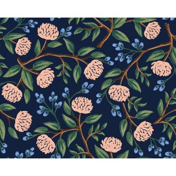 RP102-NA2 Wildwood - Peonies - Navy Fabric- Rifle Paper Co-Cotton and Steel-RJR- Sold by the 1/2 yard or the yard