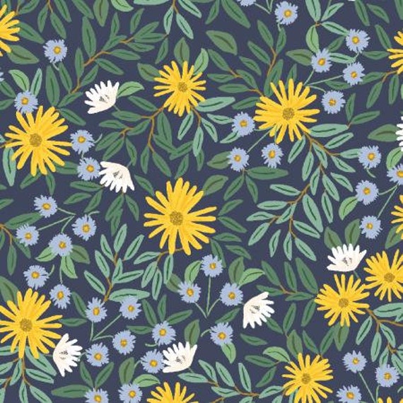 Bramble, Daisy Fields, Navy Canvas Metallic Fabric, RP905-NA64CM, Rifle Paper Co, Cotton + Steel, RJR, Sold by the 1/2 yard or the yard