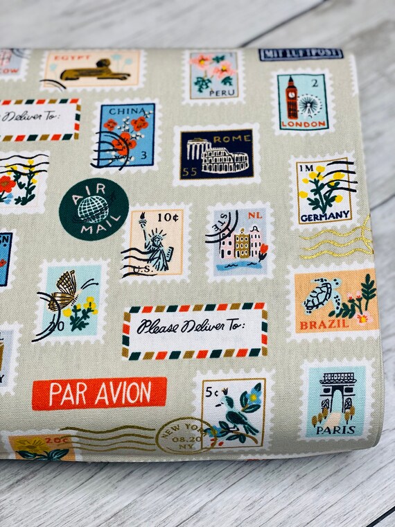 Bon Voyage, Postage Stamps, Natural Unbleached Canvas Metallic, RP802-NA5UCM , Rifle Paper Co, Cotton + Steel, sold by the 1/2 yard/yard