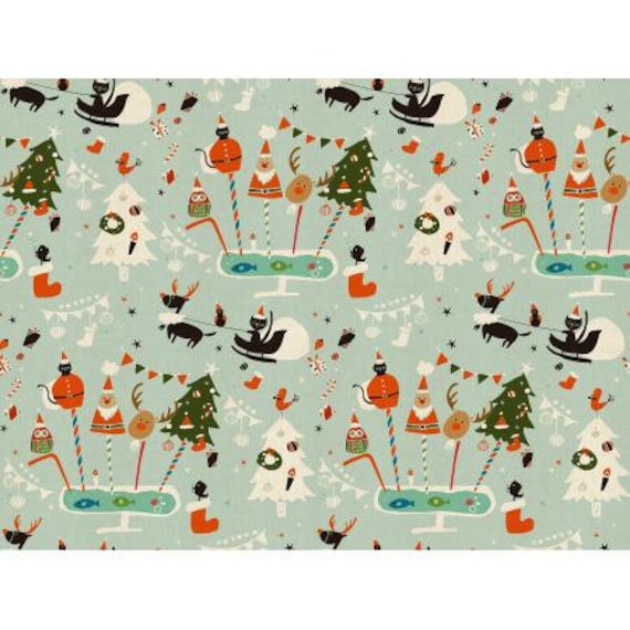 NM200-AQ2U Waku Waku Christmas - Holiday Party - Aqua Unbleached Fabric, Sold by the 1/2 yard or the yard