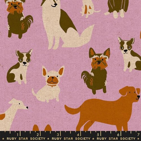 Dog Park, Dog Medley, Canvas/Linen, in Macaron, Pets Dogs, RS2101 12L, By Sarah Watts, for Ruby Star, sold by the 1/2 yard or the yard