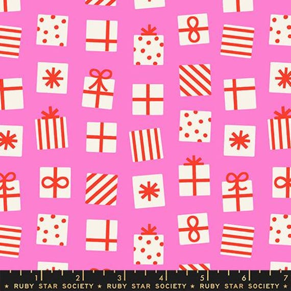 Merry Happy, Presents,  in Lipstick, By Kimberly Kight, RS3100 11, Ruby Star, sold by the yard