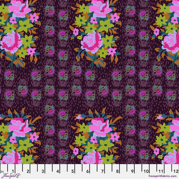 Stitched Bouquet, in Eggplant, Love Always, AM, by Anna Maria for FreeSpirit Fabrics, sold by the 1/2 yard or the yard
