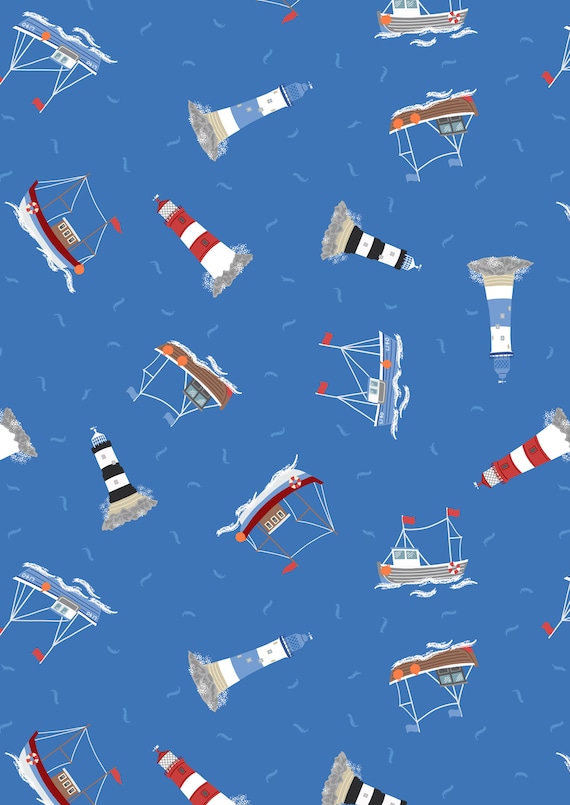 Lewis & Irene, Small Things Coastal- Boats and Lighthouse, in Bright Blue , Quilting Cotton, sold by the 1/2 yard or the yard