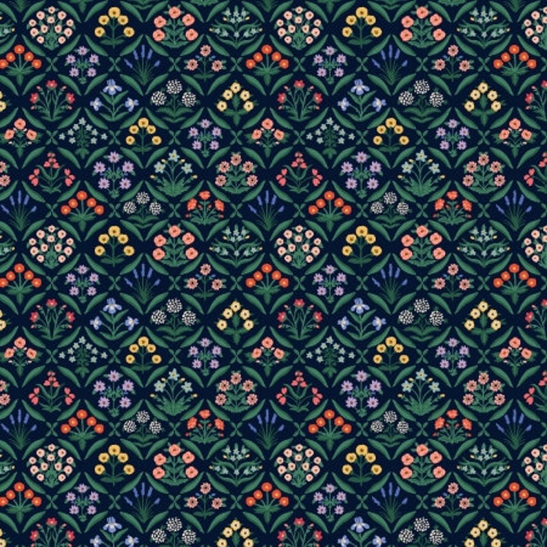 May include: A seamless pattern featuring a variety of colorful flowers and leaves on a dark blue background. The flowers are arranged in a repeating pattern, creating a symmetrical design.