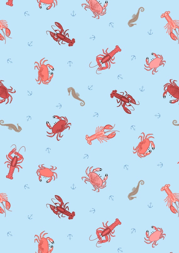 Lewis & Irene, Small Things Coastal- Crab, Lobster and Seahorse, in light blue , Quilting Cotton, sold by the 1/2 yard or the yard