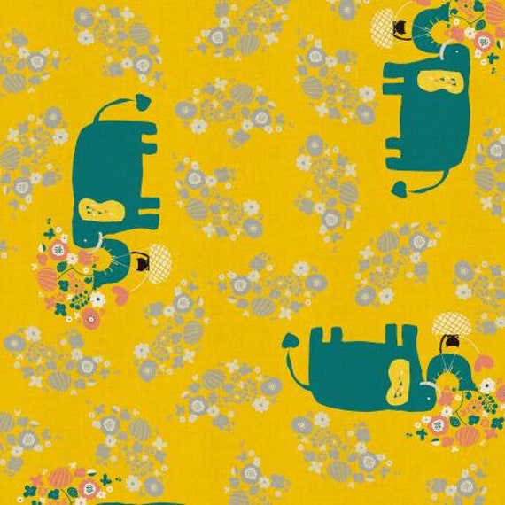 NM102-YE1U Kawaii Nakama - I Heart Elephants - Yellow Unbleached Fabric- Cotton and Steel- RJR- Sold by the half-yard cut continuous