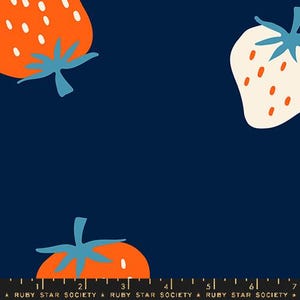 May include: Dark blue fabric with a repeating pattern of stylized strawberries. The strawberries are orange and white with blue stems and seeds. The text "RUBY STAR SOCIETY" is at the bottom.