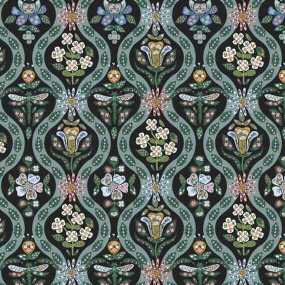 English Rose, Mimi, Posie, Black Metallic Fabric, RP1404-BK3M, By Rifle Paper Co, Cotton and Steel, sold by the 1/2 yard or the yard