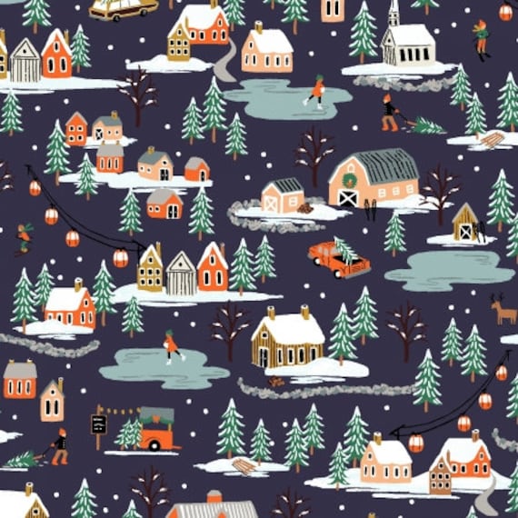 Holiday Classics, Holiday Village, Navy Fabric, RP603-NA2, by Rifle Paper Co, For Cotton+Steel, sold by the 1/2 yard or the yard