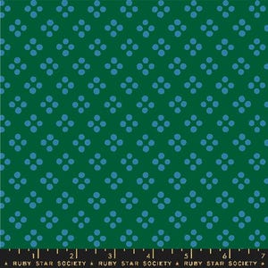 May include: Green fabric with a repeating pattern of blue dot clusters. The dots are arranged in a grid-like fashion, creating a visually appealing and symmetrical design. The fabric has a smooth texture and is suitable for various sewing projects.