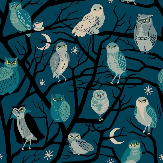 Freaky Familiars, Who Cooks For You, Owls,  in Galaxy, RS5190 12, Ruby Star, sold by the yard